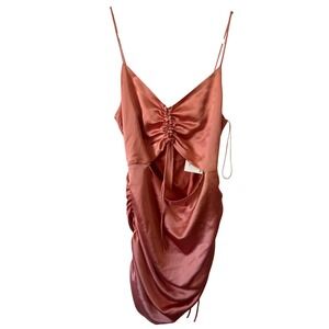Zara Dress Cut Out Ruched Satin Mini Large Rose Gold Women